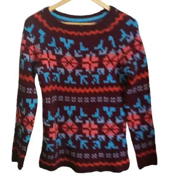 TWIK Maroon Orange Blue Fair Isles Wool Chunky Dainty Knit Sweater Size Small - Picture 1 of 13